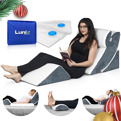 Lunix 4pcs Orthopedic Bed Wedge Pillow Set, Post Surgery Memory Foam for Back, Knee, Leg Pain Relief, Sitting Pillow for Sleeping, Acid Reflux, GERD, with Hot Cold Pack, Navy