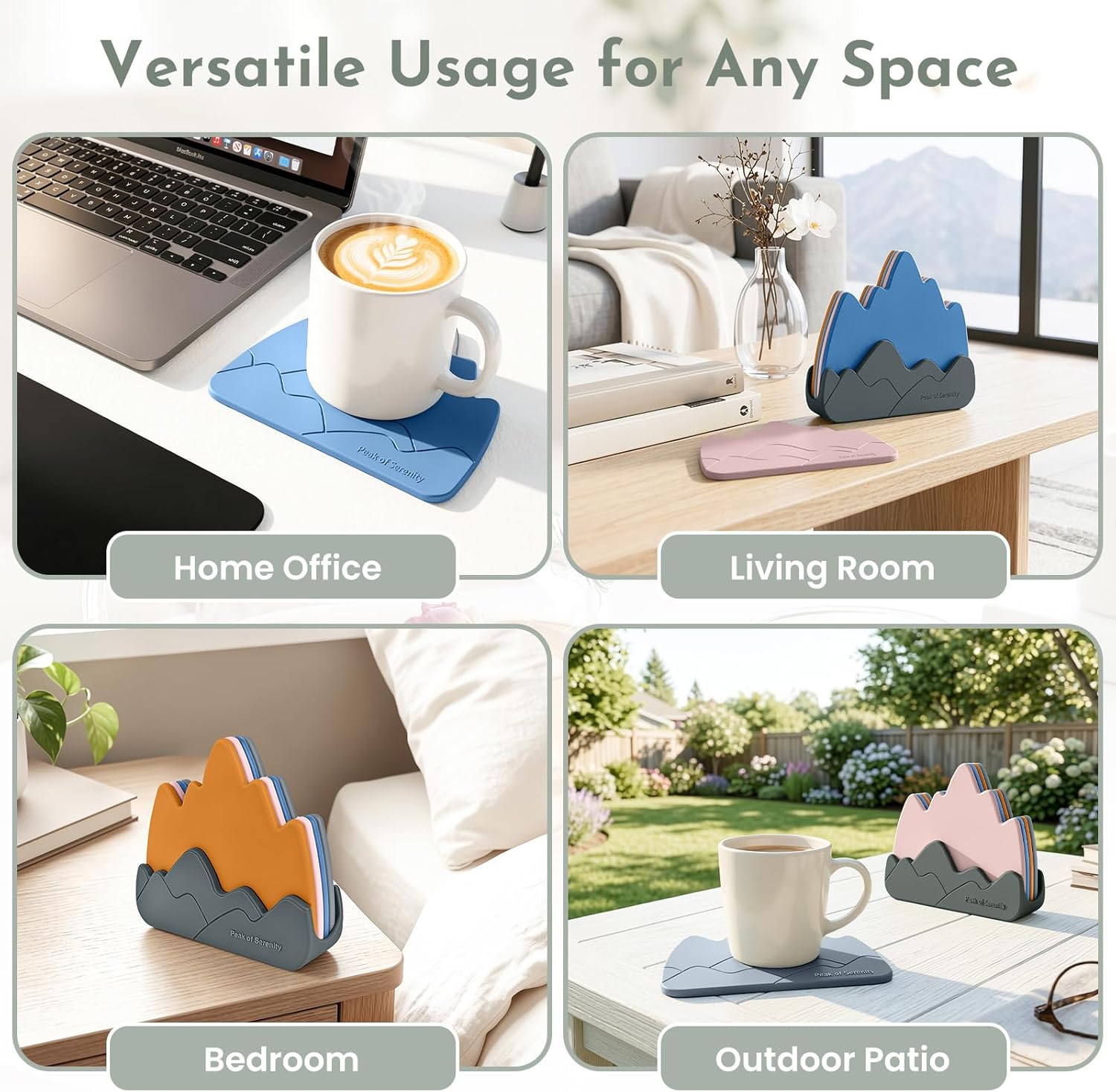 Mountain Silicone Coasters with Holder - Set of 4, 5mm Thick Heavy Duty Drink Coasters, Desktop Decor, Ideal Housewarming Gift for Home Office & Coffee Table (Dawn Earth)