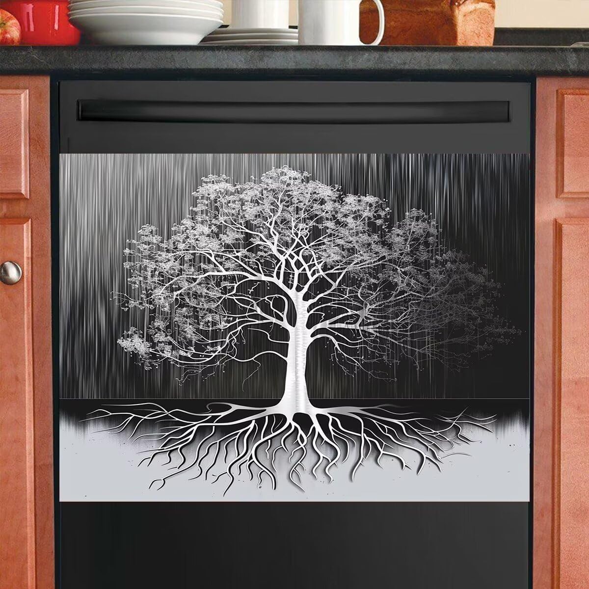 Tree of Life Dishwasher Cover Magnet Decor, 23x17inch Brushed Metal Front Door, Black Kitchen Magnetic Decal, Tree Refrigerator Panel Vinyl Sticker