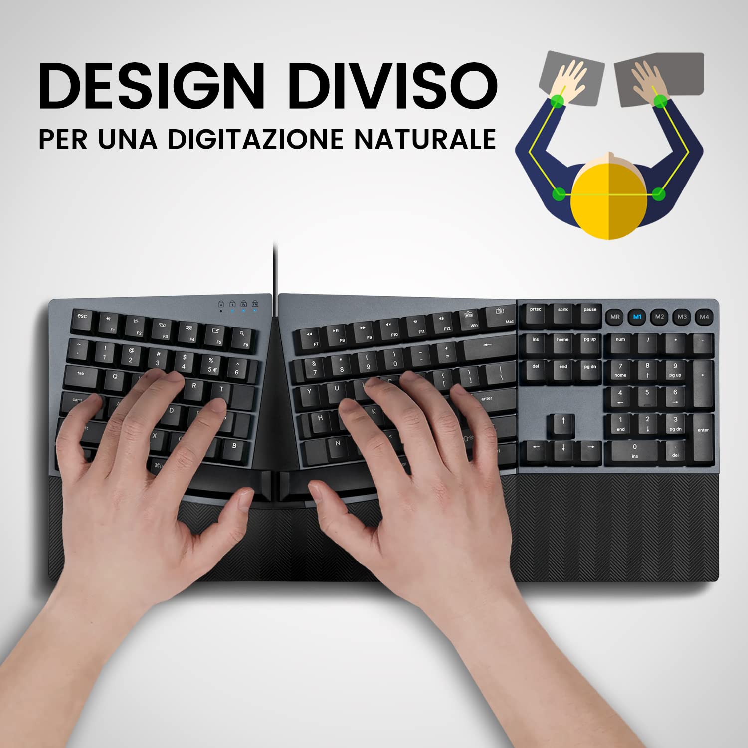 Perixx PERIBOARD-535 RD Tastiera Ergonomica Meccanica a filo - Tasti Lineari Rossi - Macro Programmabili - Compatibile con Windows e Mac OS X - Layout QWERTY Italiano
