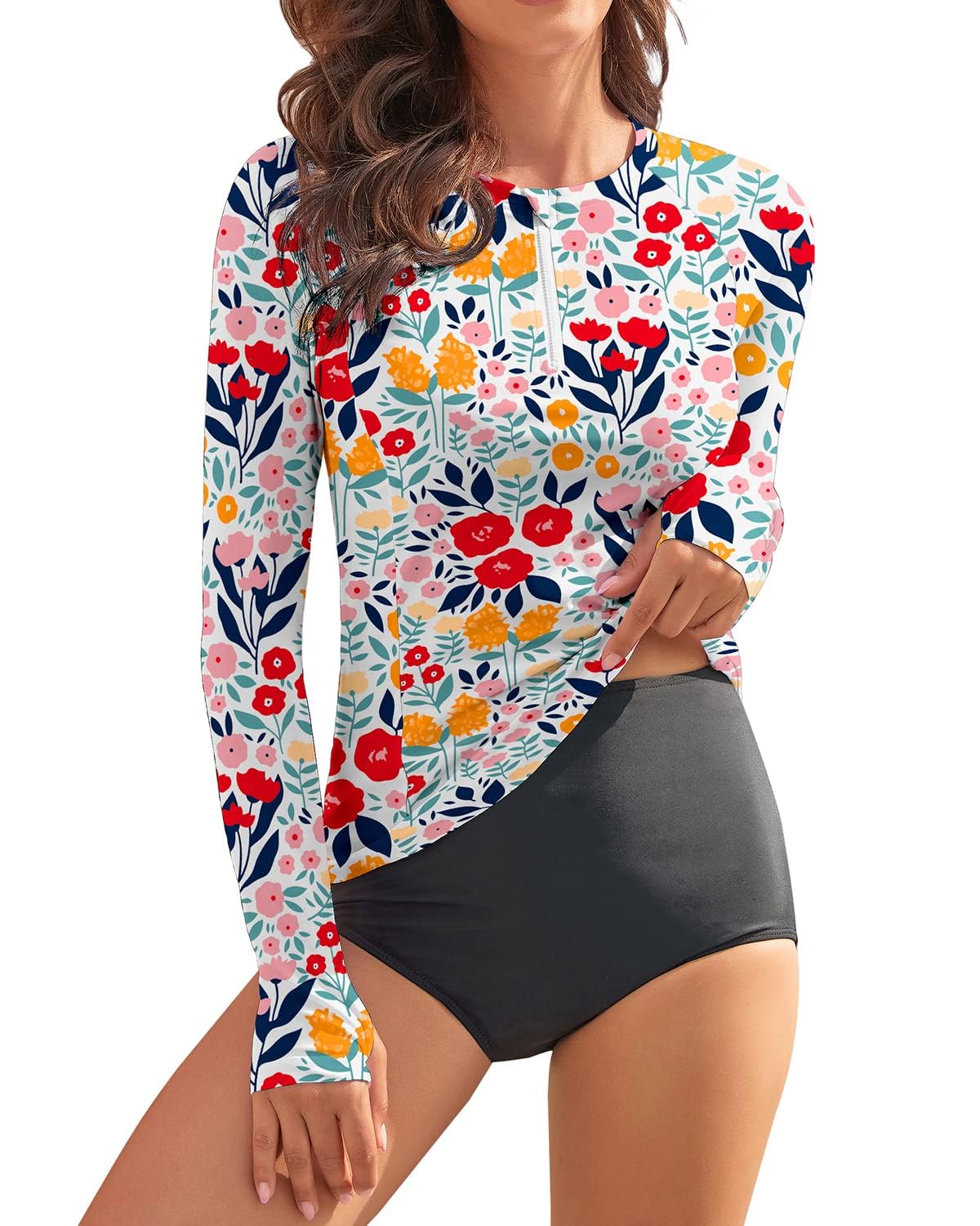 WOWENY Maillot de Bain à Manches Longues pour Femme - Fermeture éclair 1/4 - Rashguard - Protection Solaire