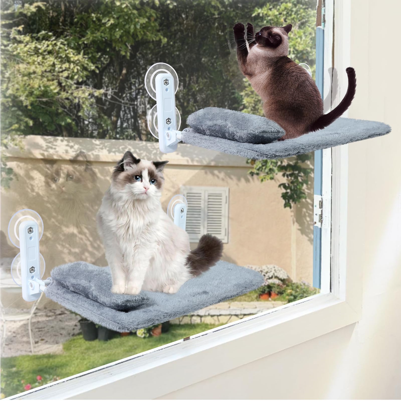 2-Pack Cat Window Perch for Cats Inside Cordless, Sturdy Foldable Cat Hammock Bed for Window with Pillow, Pet Window Seat with Metal Frame and