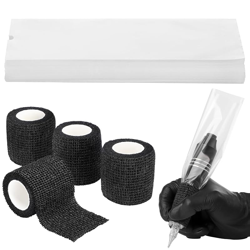 Dynvue Capas plásticas para caneta de tatuagem com fita para grip, 200 unidades e 4 rolos