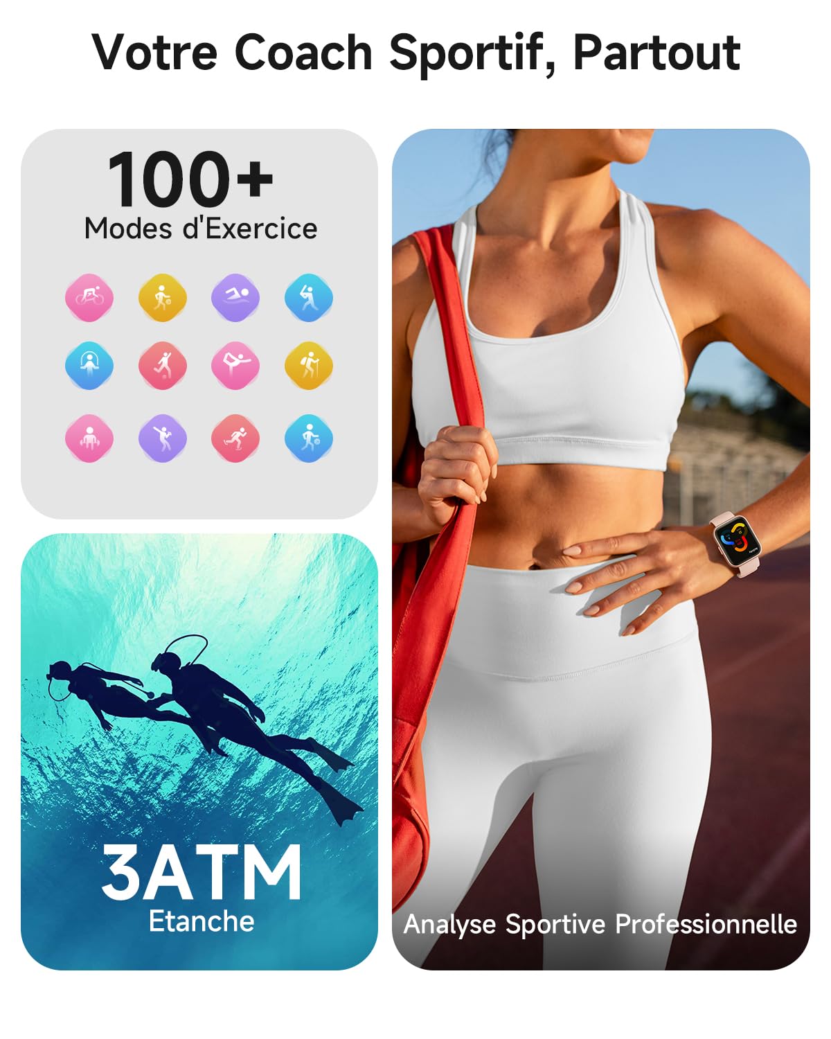 Montre Connectée Femme, 1.85" AMOLED Smartwatch avec Appel, Étanche 3 ATM (Natation), AI Intégrée, Montre Connectée pour 100+ Sport, Cardiofréquencemètre, Sommeil & Calories, SpO2, Samsung/iOS/Android