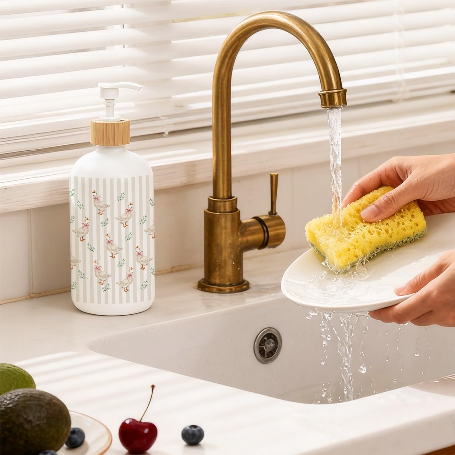 Pink Bow Goose Glass Soap Dispenser, Coquette Preppy Goose Dish Soap Dispenser for Kitchen, Botanical Cute Animal Striped Refillable Handsoap Pump Bottle for Bathroom Countertop