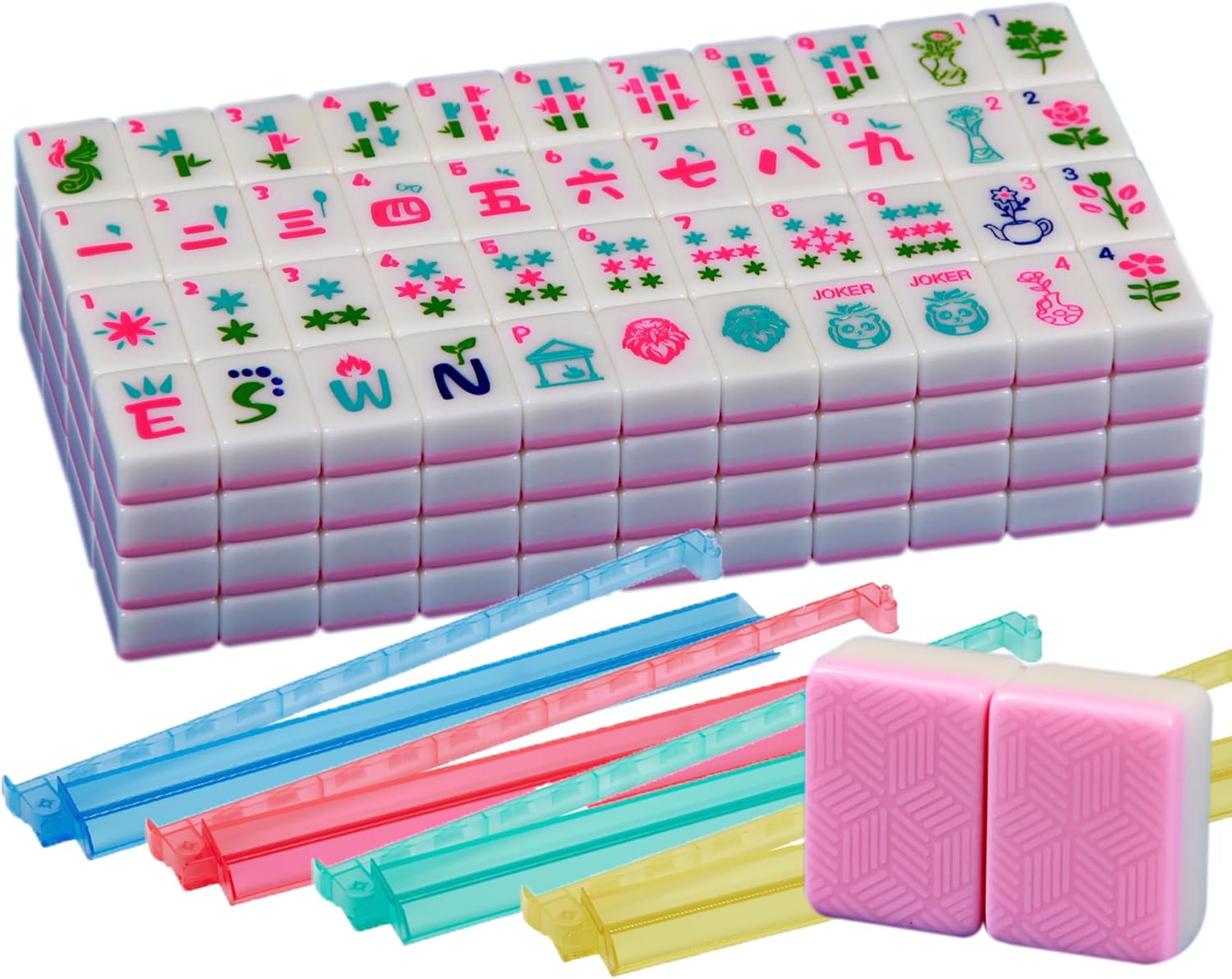 American Mahjong Tile Set Pink 166 Mahjong Tile Set 1.2-inch American Mahjong Set Equipped with 4PCS Mahjong Racks with Pushers