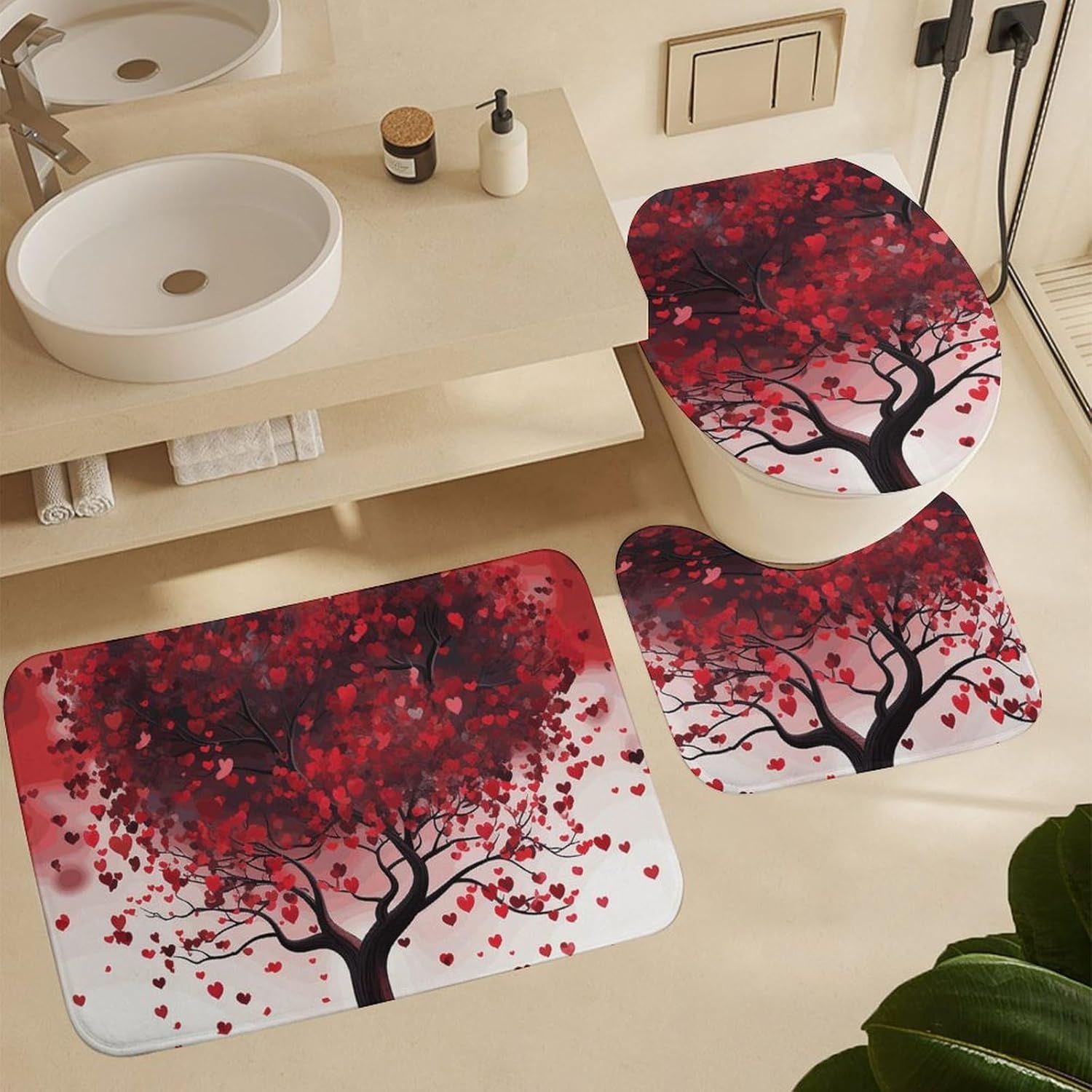 Red Love Heart Tree Shower Curtain Set 4 Piece, Non-Slip Bath Mat with Toilet Lid Cover and Waterproof Shower Curtain with 12 Hooks, Complete Bathroom Set for Home Decor