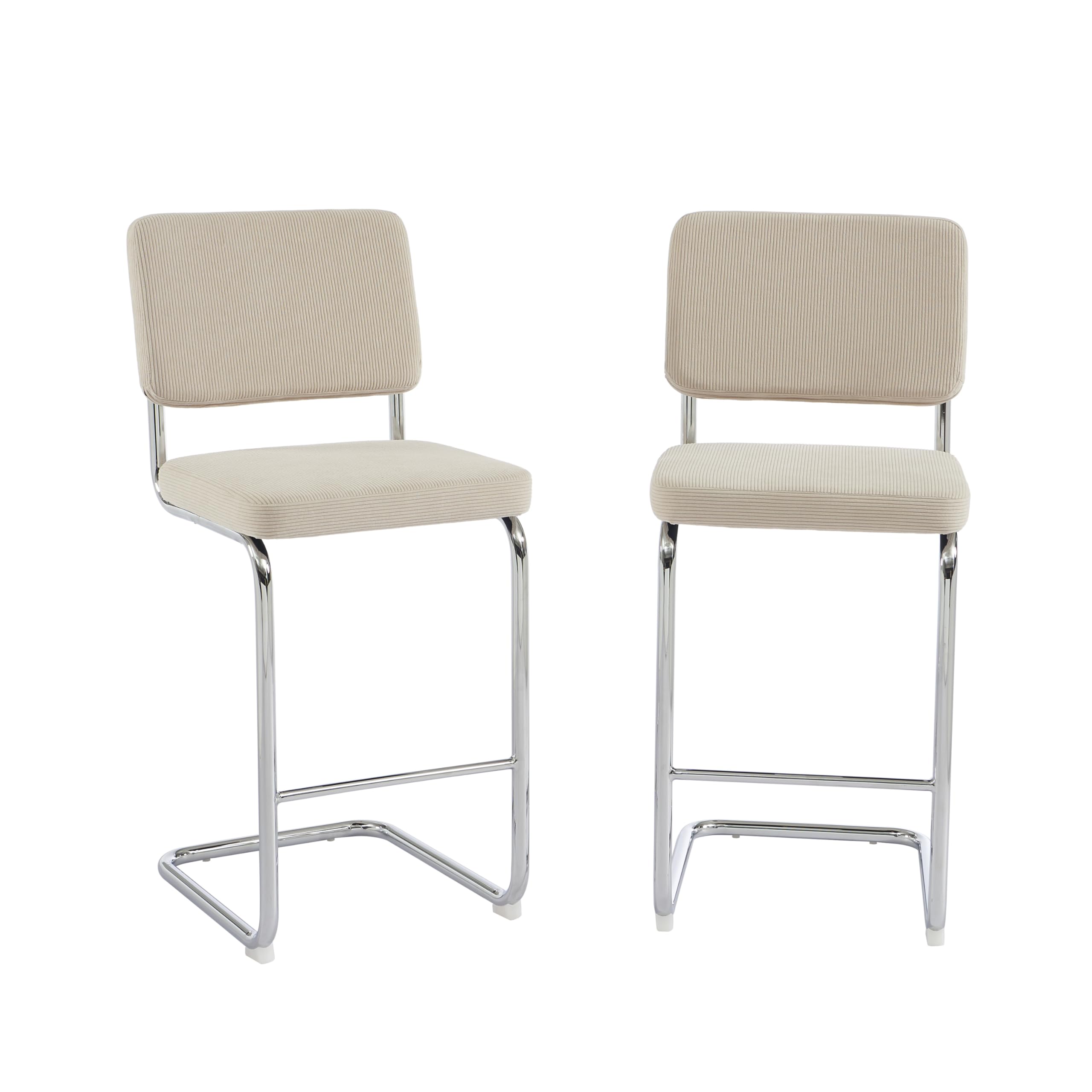 BAÏTA Set di 2 sgabelli a metà alto Jack in velluto trapuntato, piede in metallo (Beige)