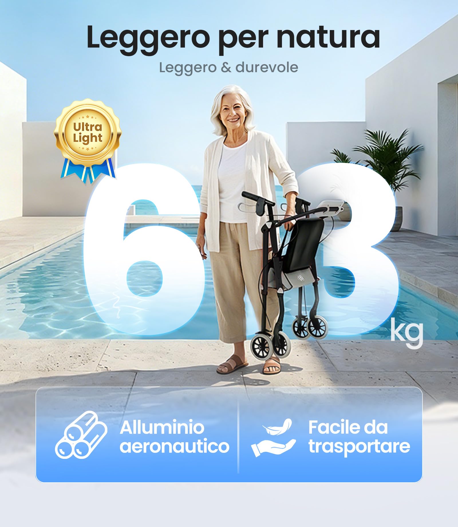 VOCIC Deambulatore pieghevole e leggero con seduta, 6,3 kg ultraleggero | Deambulatore per anziani, max 150 kg, sedile ergonomico, altezza regolabile, walker stretto per casa & viaggi, nero