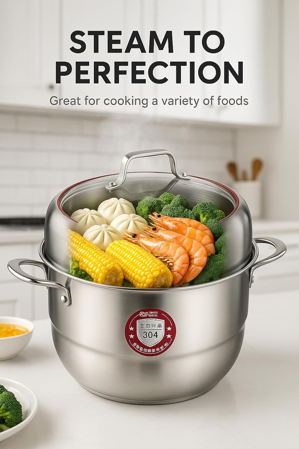 2-Tier Stainless Steel Steamer Pot with Glass Lid, Stackable Food Steamer with Double Grates, Induction Compatible, Dishwasher Safe, Triple-Layer Base for Healthy Cooking LTS-05082 (36cm)