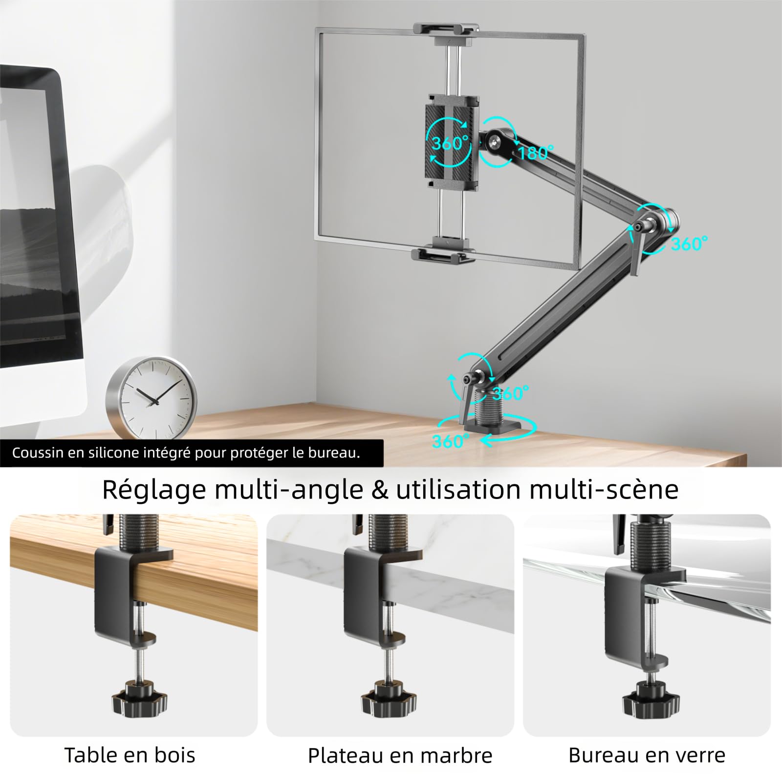 Support Tablette Bureau - Support iPad Portable en Alliage d’Aluminium avec Réglages Flexibles, Compatible avec iPad Air/Pro/Mini, Samsung Galaxy & 4,7-18,5 Pouces Appareils - Support Tablette Lit