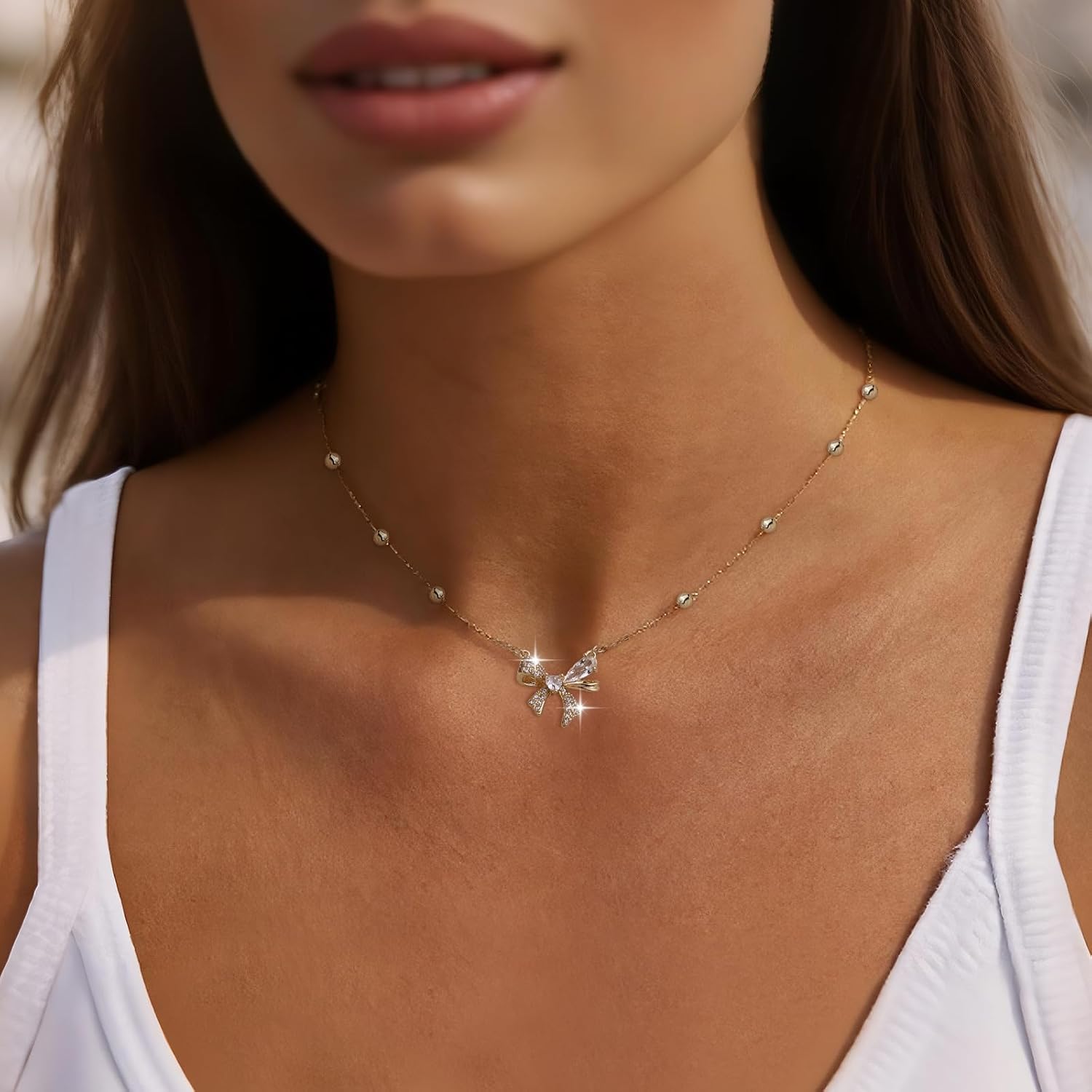 Gold Silver Beaded Bow Pendant Necklace for Women, Dainty CZ Rhinestone Ribbon Dangle Adjustable Chain Choker Necklaces Wedding Prom Accessories Fashion Jewelry Gift - Image 2