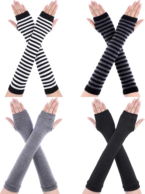 4 Pairs Long Fingerless Gloves Warmer Thumbhole Elbow Length Gloves for Women (Color Set 1)
