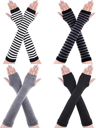 Andiker Guanti a manica lunga senza dita per donna, scaldabraccia in maglia a righe elasticizzata Guanti con foro per il pollice