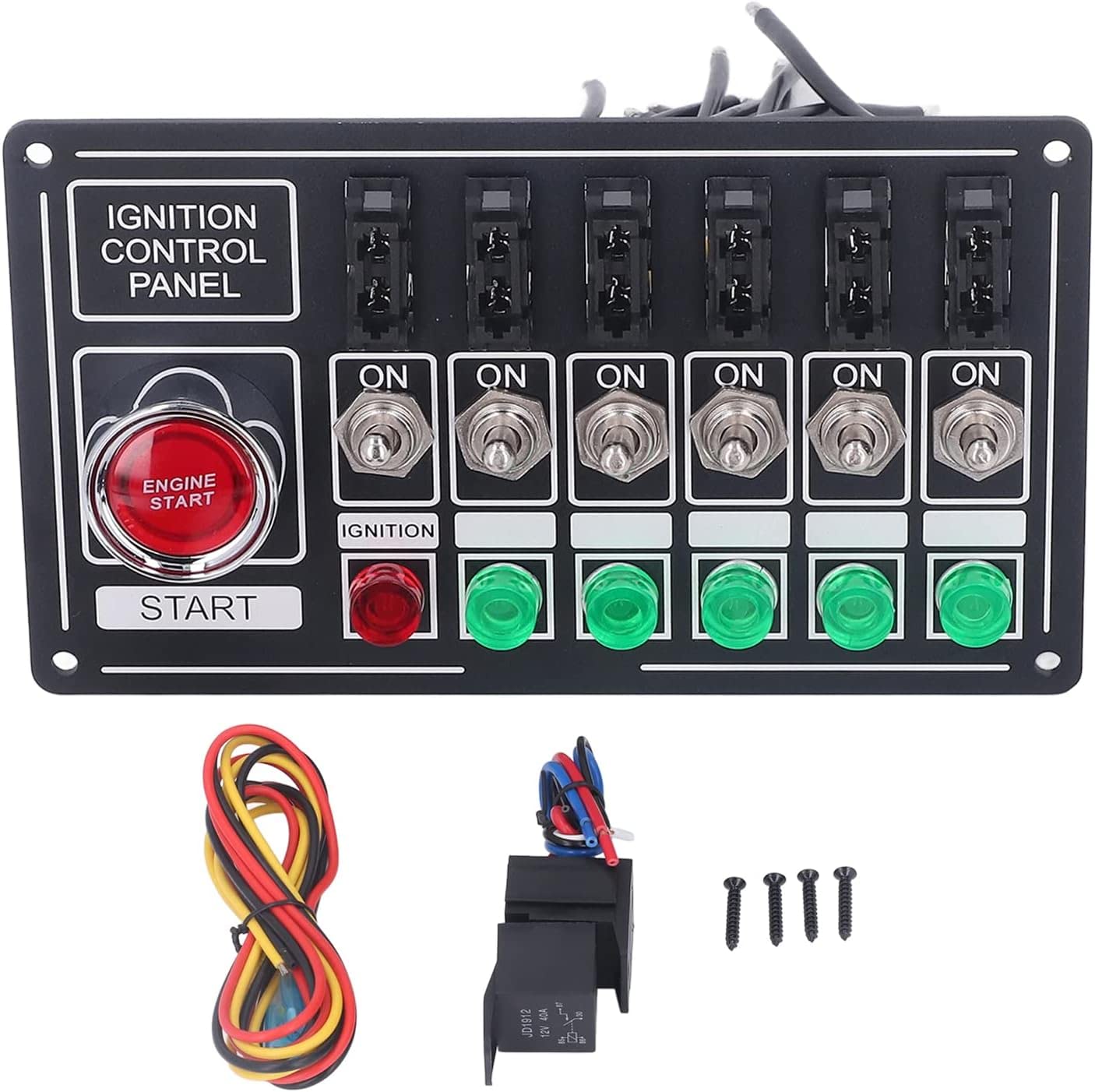 FOOJo Panel de Interruptor de Encendido, Panel de Interruptor basculante de Encendido del Motor del automóvil con botón de Arranque de Fusible 6 Gang multifunción Estilo de Carreras Universal