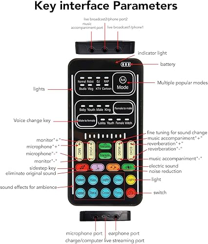 Miniatura 2 de Cambiador de voz, mini tarjeta de sonido multifuncional, 8 cambios de voz diferentes, máquina de efectos de sonido, mezclador de audio portátil