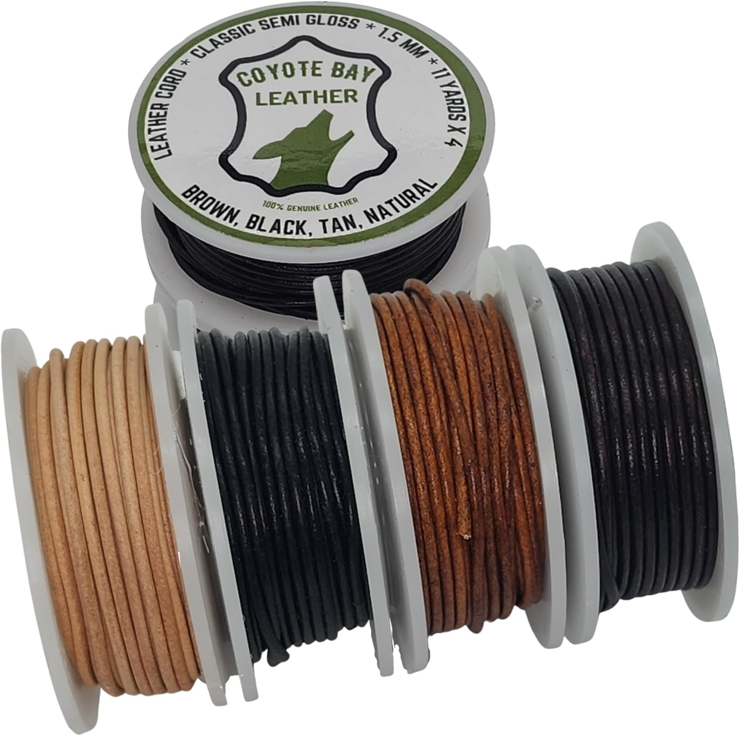 Coyote Bay® Genuine Leather Cord in 4 Classic Waxed Colors: Brown, Black, Tan, Natural, 11 Yards Each, for Jewelry Making, Crafts and Hobby Projects (1.5 mm)