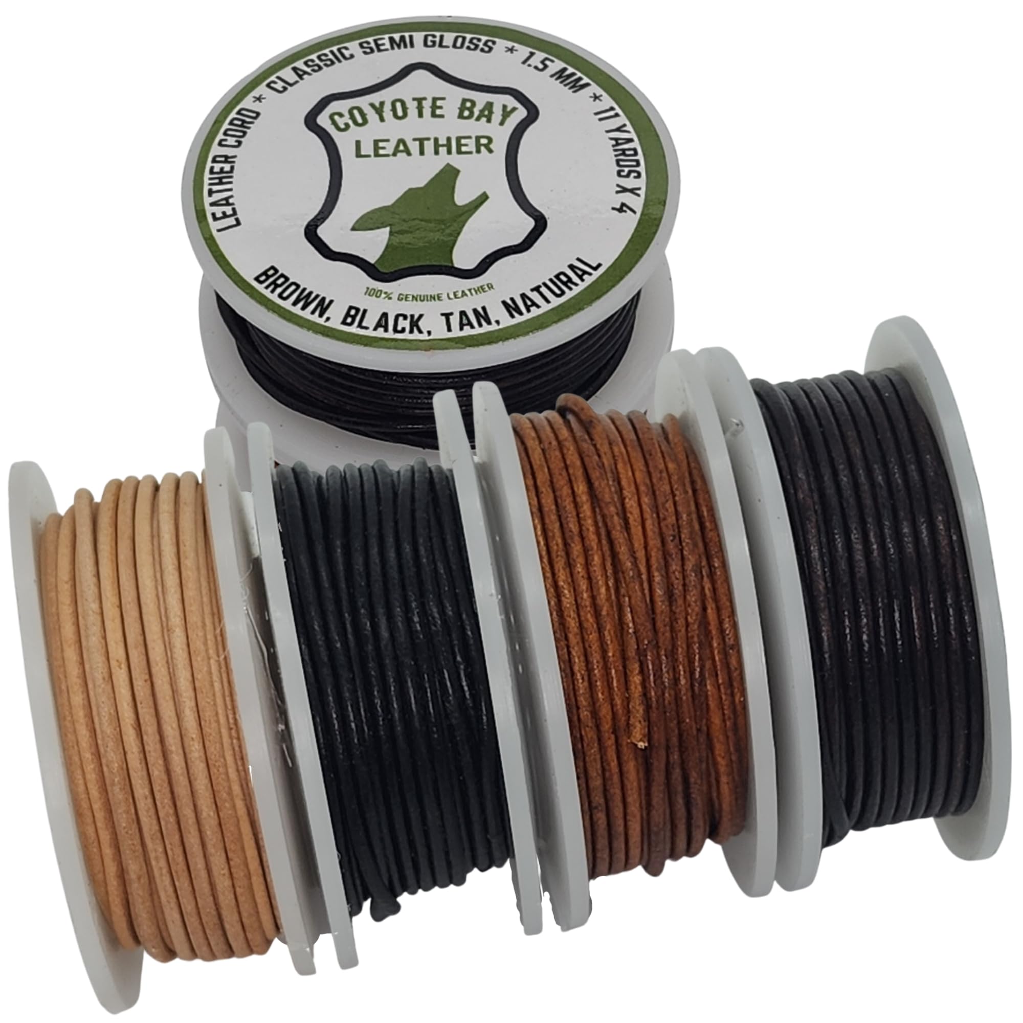 Coyote Bay® Genuine Leather Cord in 4 Classic Semi Gloss Colors Round Spool, 11 Yards Each, for Jewelry Making, Crafts and Hobby Projects (1.5 mm)