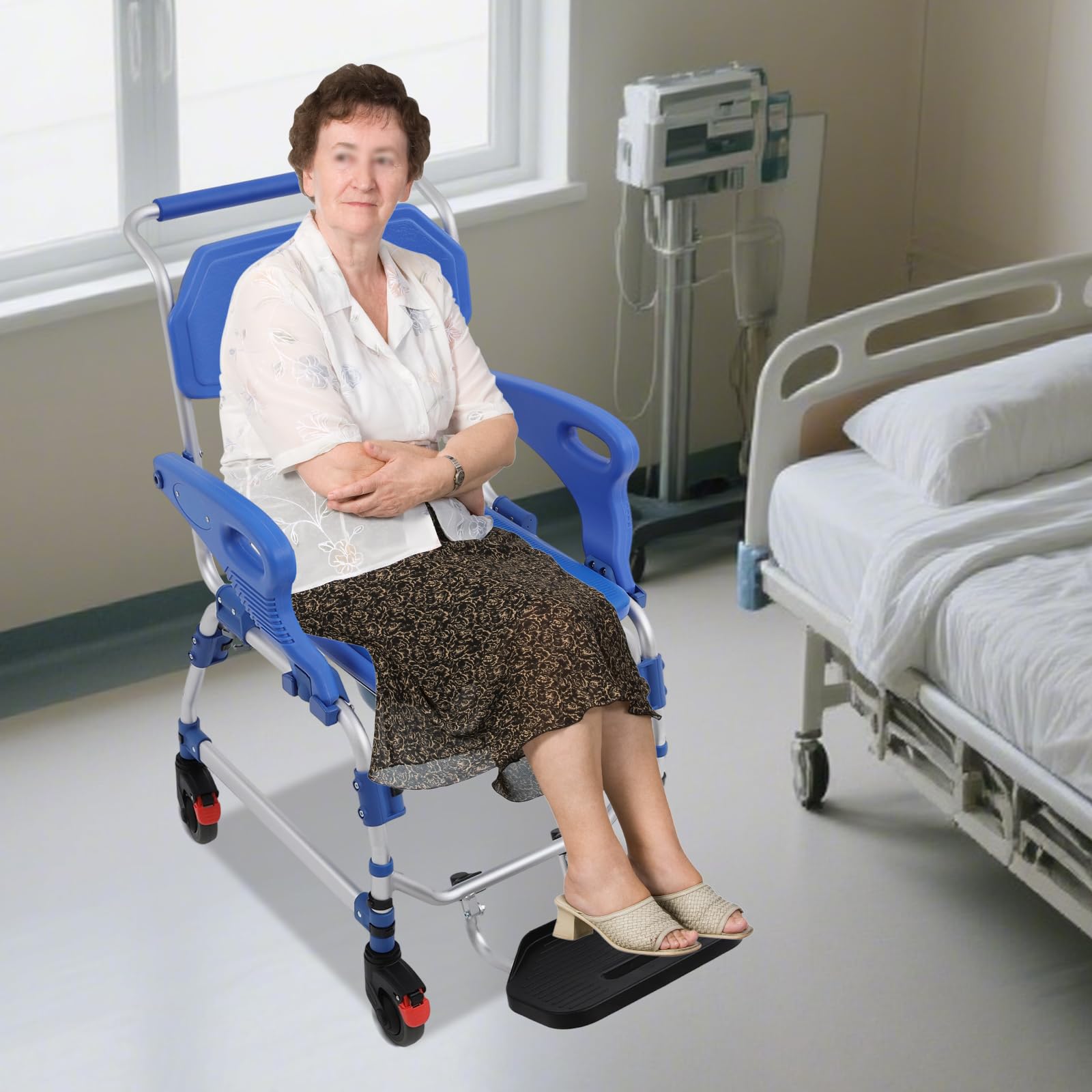 Silla de ducha plegable 2 en 1, silla de inodoro con ruedas con cazo y reposapiés plegable, silla de inodoro móvil para pacientes mayores, discapacitados, embarazadas