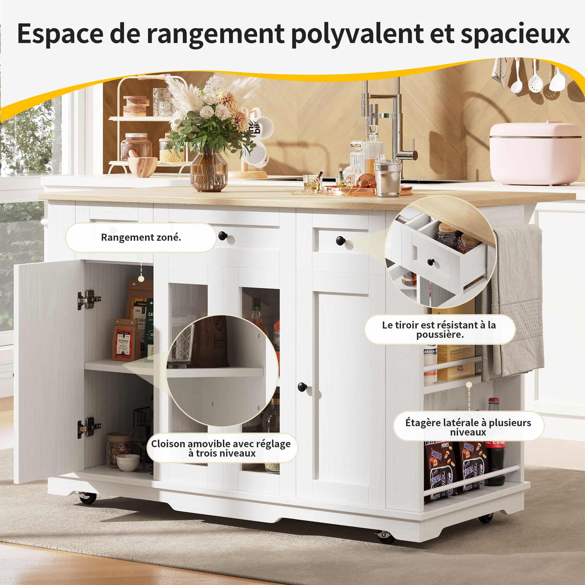 Sweiko Meuble de Cuisine Multifonction avec Tiroirs, Armoire de Rangement Design Contemporain, Table Pliante en Bois Densité, Buffet de Rangement pour Cuisine et Salon (Blanc+Bois)