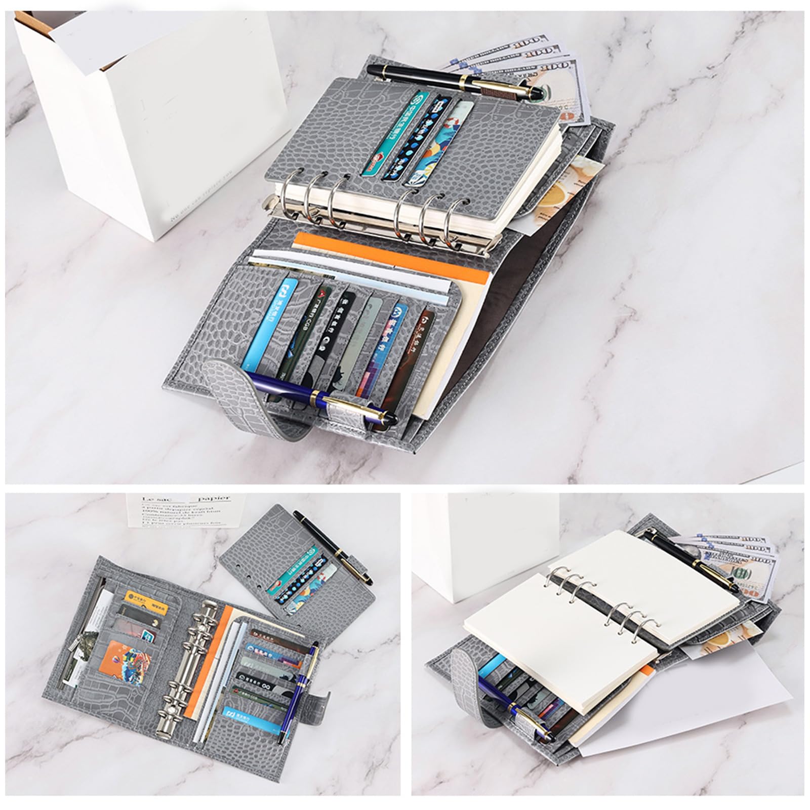 Taccuino ricaricabile in pelle PU con scomparto per penne, porta carte di credito, tasca per ricevute, borsa per contanti con cerniera, per donne e uomini
