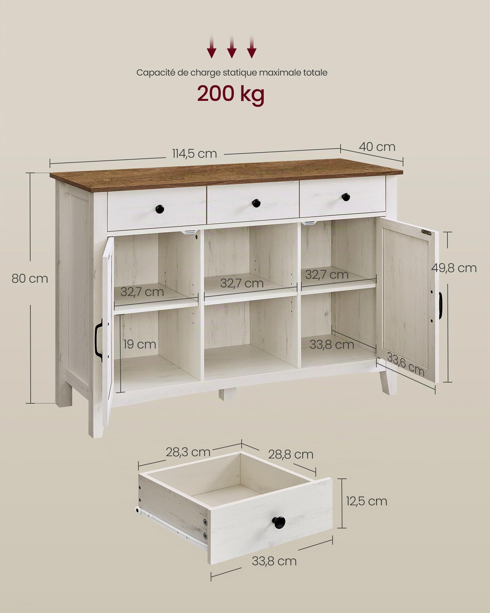 VASAGLE Buffet, Meuble de Rangement avec Tiroir, Meuble de Cuisine, avec Portes, Étagère Réglable, Style Campagne, pour Salon, 40 x 114,5 x 80 cm, Blanc Rustique et Marron Miel BBK371W02V1