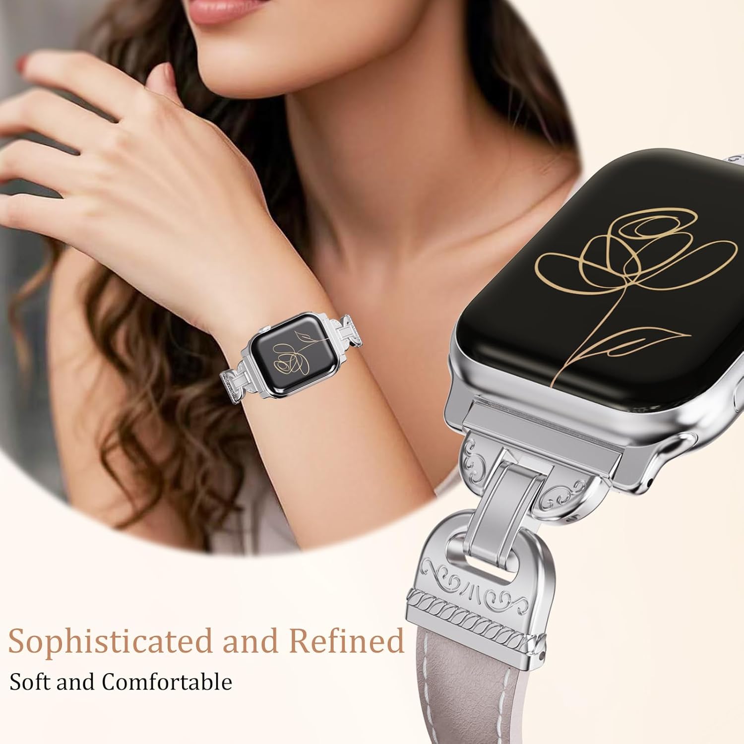 Slim Leather Band Compatible with Apple Watch Bands Women 38/40/41/42mm Dressy Thin Leather Strap with Designer Interlock Buckle for iWatch Series 10/9/SE/8/7/6/5/4/3/2/1, Starlight+Silver - Image 3