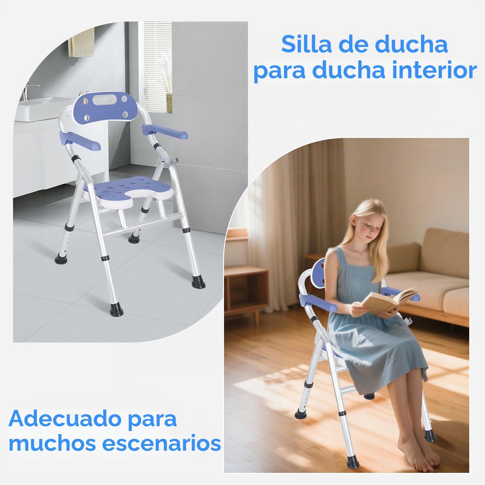 OUUTMEE Silla de ducha plegable con altura ajustable, silla de baño plegable con brazos y respaldo - Asiento de baño que ahorra espacio para la seguridad de los ancianos (blanco)