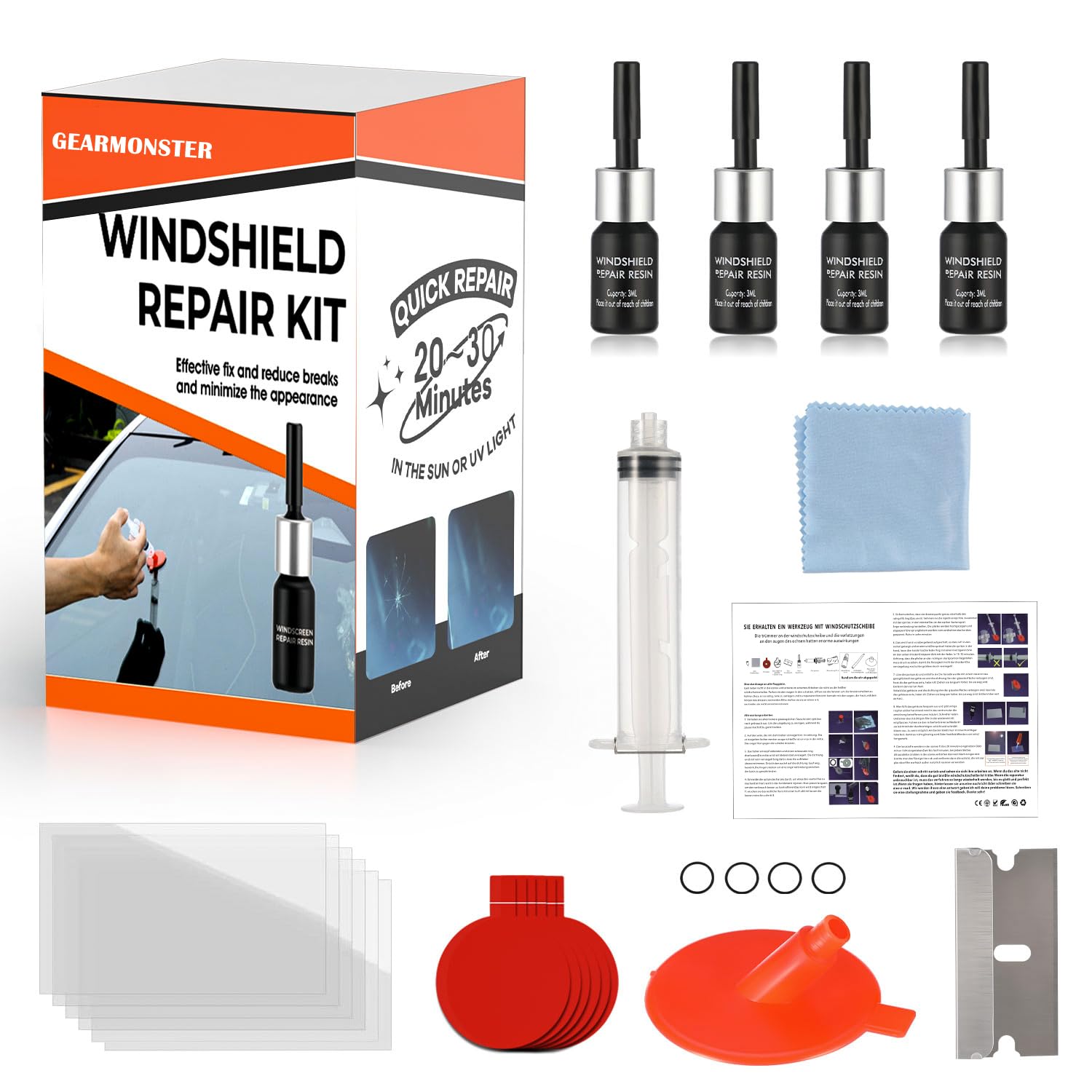 GEARMONSTER Windschutzscheibe Reparaturset Werkzeug, PKW Steinschlag Frontscheibe Glas Reparatur Flüssigkeit, Glasreparaturflüssigkeit, Windshield Repair Kit, Auto Zubehör