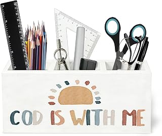 Boho Christian Inspirational Wooden Pen Holder for Desk, Retro Sunshine Bible Verse Religious Pencil Organizer Wooden Box Sign for Kids Room Classroom Home Office Decoration