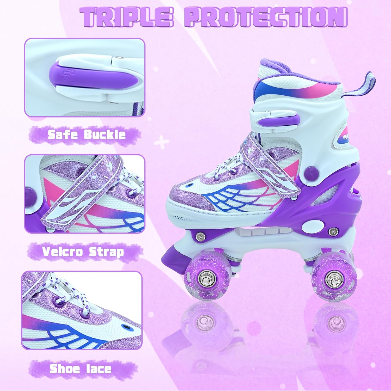 Kids Roller Skates for Boys and Girls, Adjustable Quad Skates for Kids Ages 5-8 6-12 with Light Up Wheels, Children Beginners Rollerskates for Indoor Outdoor - Image 4