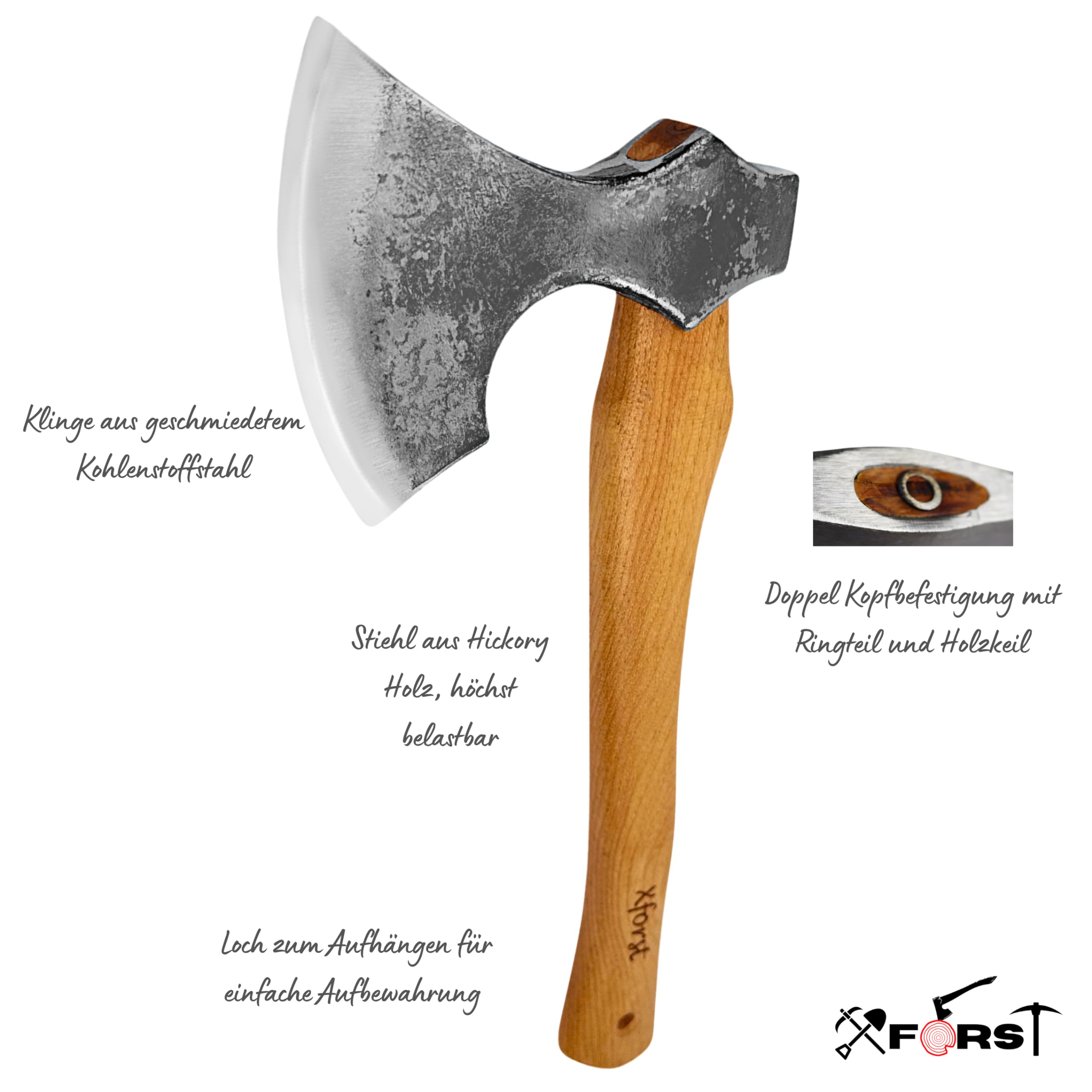 Xforst Hacha Vikinga, Hacha con Mango de Madera de Nogal Hickory Incluye Funda de Cuero Auténtico Negro - Modelo X-WIC