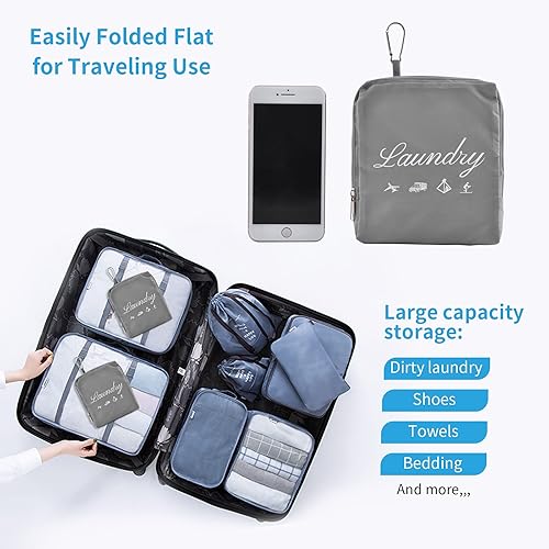 Miniatura 6 de JHX Bolsa de lavandería de viaje, bolsa de ropa sucia con asas y mosquetón de aluminio, bolsa de lavandería plegable para viajes, campamento,