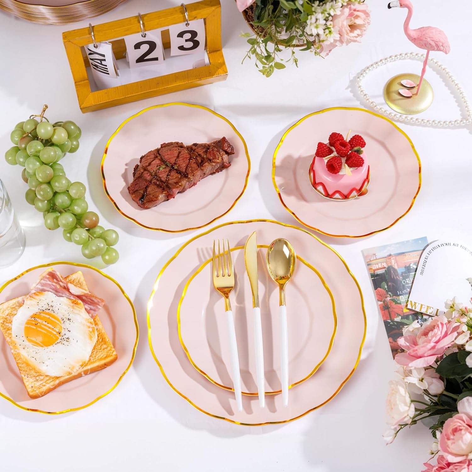 supernal 60pcs Pink and Gold Plastic Plates Fancy Elegant Disposable Scalloped Plastic Plates Heavy Duty Disposable Dinnerware Set for Parties, Bridal Shower,Weddings & Birthdays - Image 2