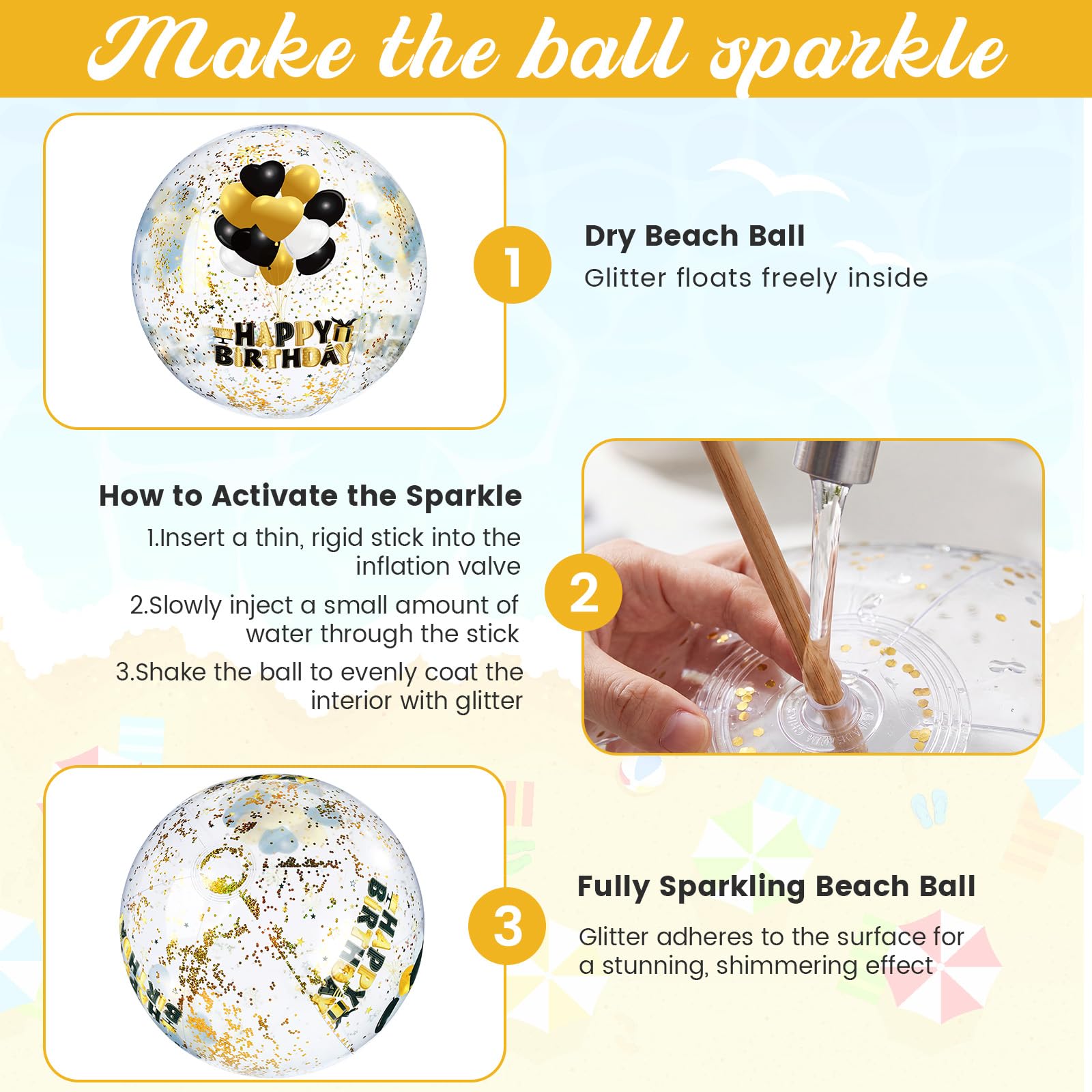 Hollowfly Lot de 4 grandes boules de plage gonflables « Happy Birthday » avec paillettes à l'intérieur de 50,8 cm pour décorations d'anniversaire, piscine, jeux d'eau, cadeaux de plage (noir, doré)