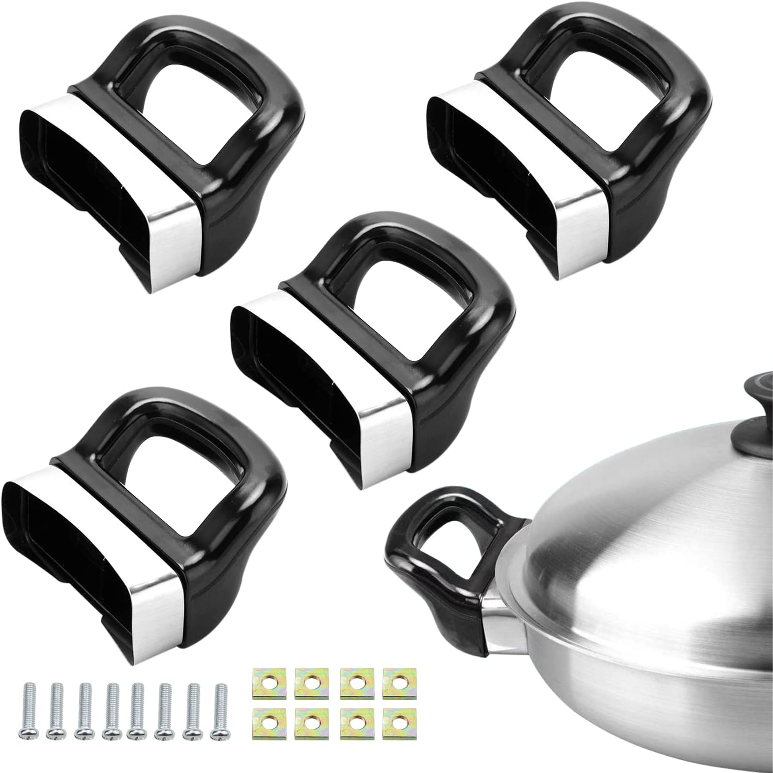 4 Pack Metal Pressure Pan Handle Replacement - Side Ear for Cooker, Steamer, Sauce Pot - Short Black Handles Suitable for 2 or 1 Hole Type