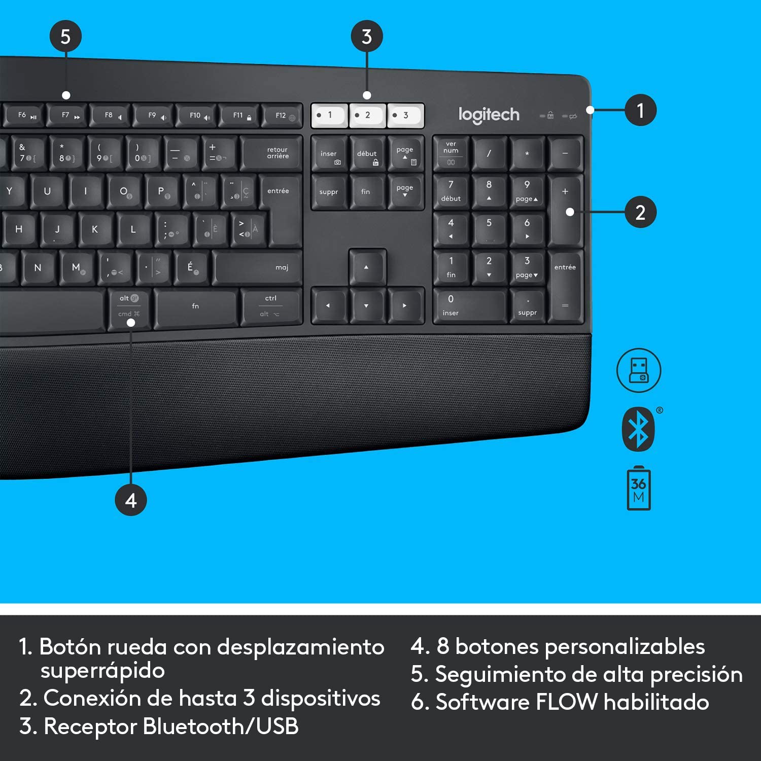 Logitech MK850 Combo Teclado y Ratón Multidispositivo, 2,4 GHz/Bluetooth, Estructura Curvada, Ratón Inalámbrico, 12 Botones Programables, Batería de 3 Años, PC/Mac, Disposición QWERTY Español - Negro