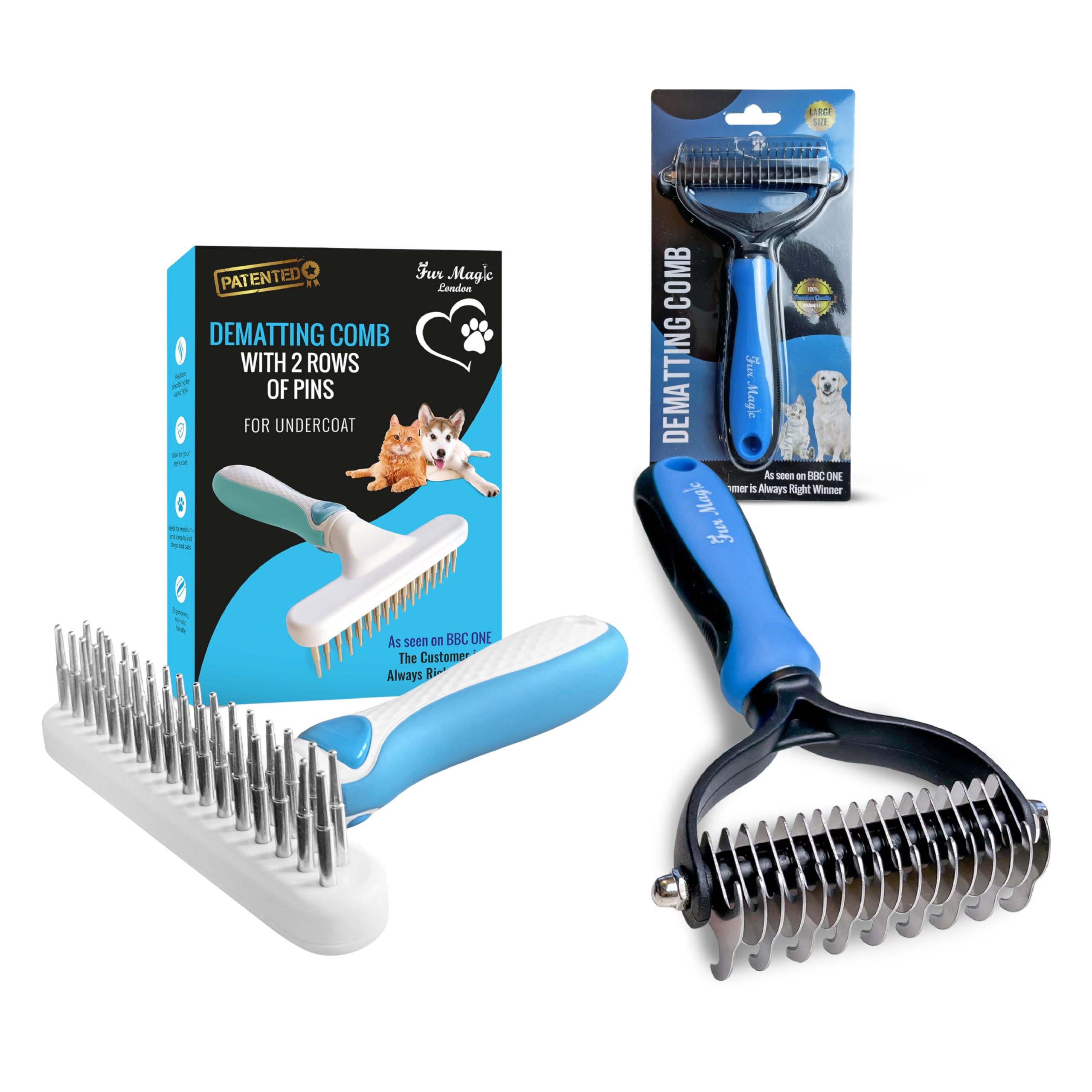 Fur Magic Dematting Comb & Dematting Rake for Dogs Cats - Pet Deshedding Tools for Removing Loose Undercoat, Knots, Mats – Skin-Friendly and Safe Dog Brushes for Grooming — image 1