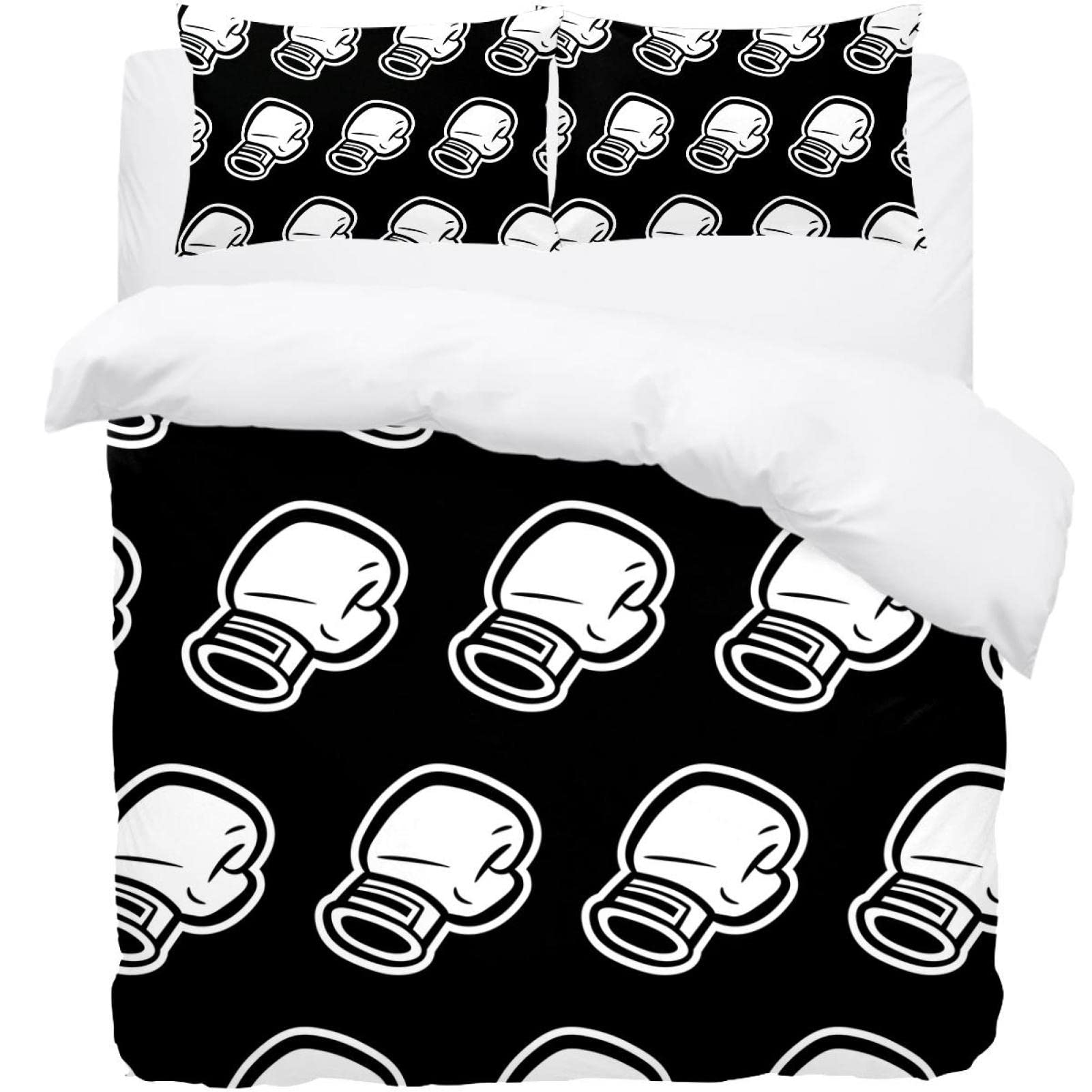 Housse de couette motif gants de boxe parure de lit noire et blanche avec taie d'oreiller ado