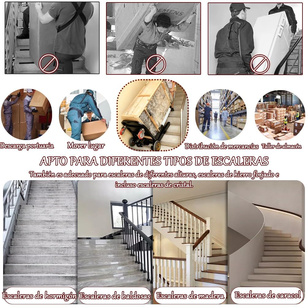 Carretilla Eléctrica para Escaleras 1100lbs/500kg Capacidad Motor 1500W Sin Escobillas Ideal Batería 48V/42A 6-8H Autonomía para Mudanzas Almacén Logística