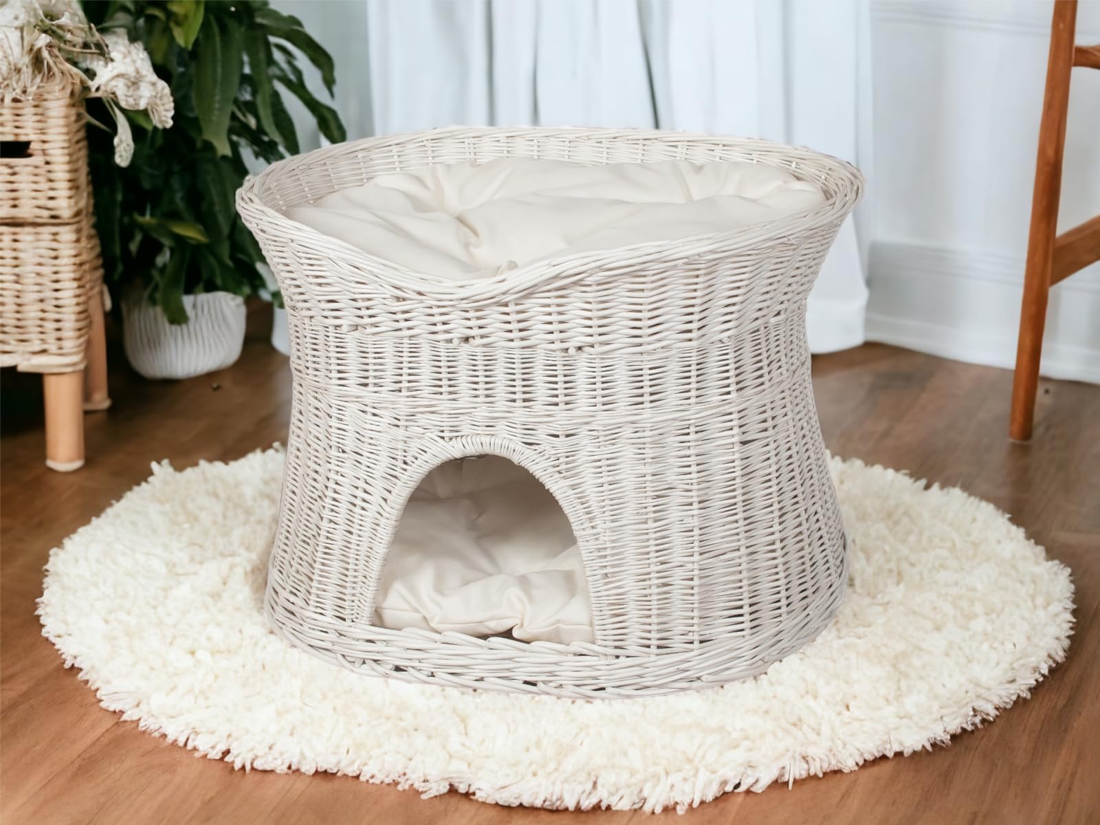 Katzenkorb zum Schlafen – Katzenhütte Indoor – Größe XL: 70 cm oval – Katzenhöhle aus Weide – Zweistöckiger Hunde – oder Katzenbett mit waschbaren Kissen in Ecru – Weiße korbfarbe