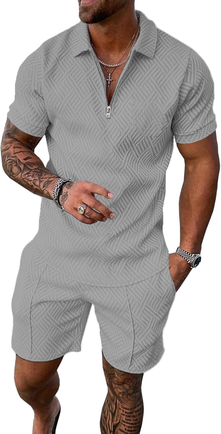 Mens Short Sets 2 Piece Outfits Summer Fashion Quarter Zip Polo & Athletic Shorts Retro Textured Vacation Tracksuit