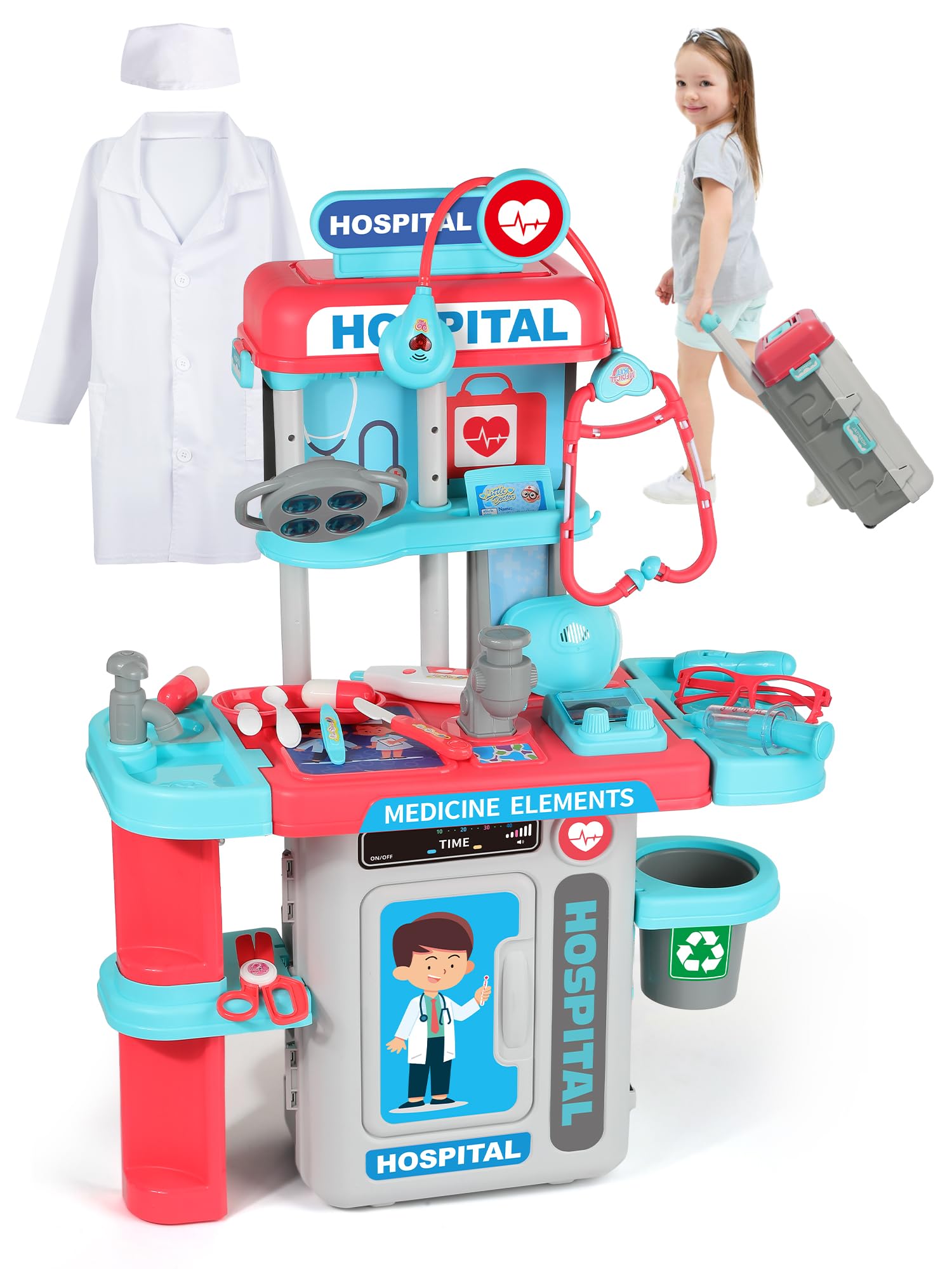 Doctor Kit for Toddlers 3 4 5 Years Old, Kids Pretend Doctor PlaySet with Costume, 2 in 1 Play Medical Station Toy for Girls Boys Birthday Gift