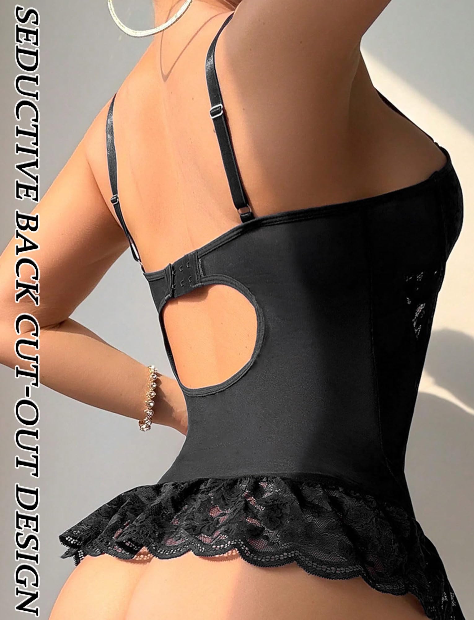 Ensemble Lingerie Femme 3 Pièces Dentelle Transparente Nuisette Babydoll Lacets avec 1 Paire Bas Resille String sous Vêtements