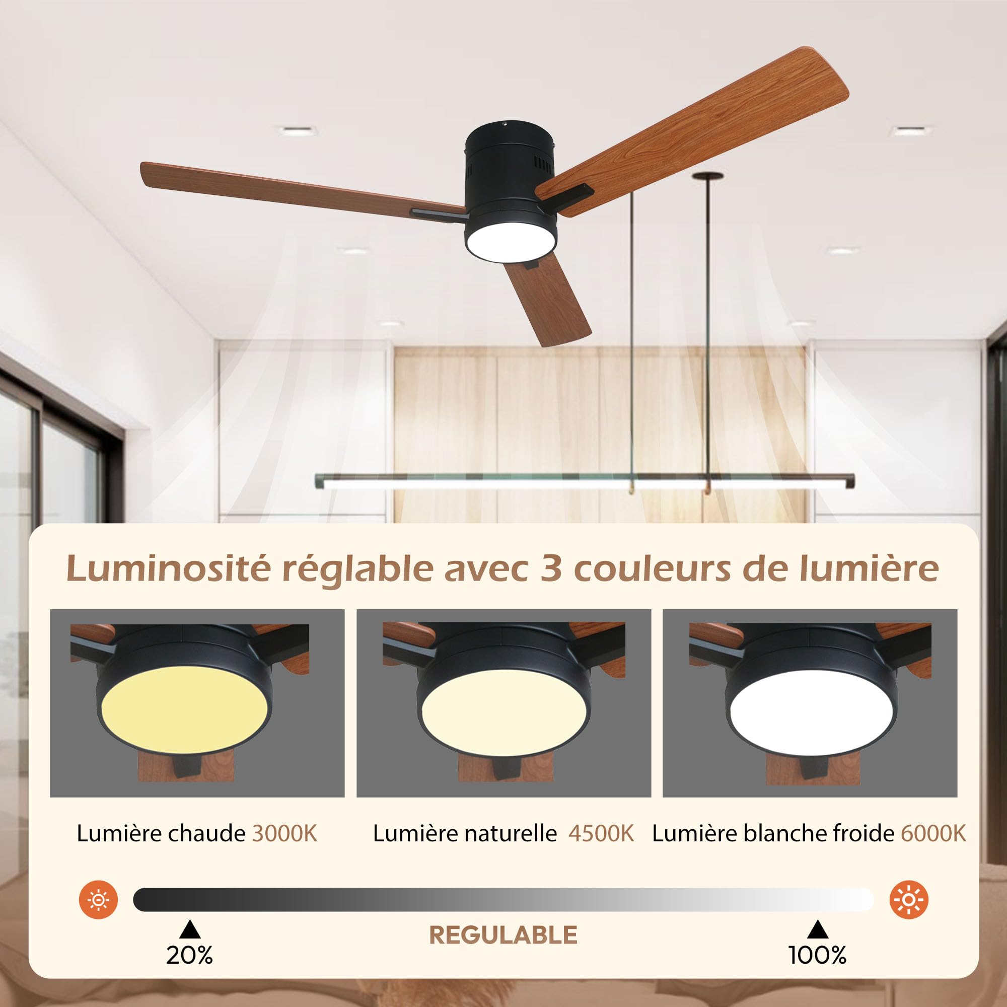 ZMISHIBO Ventilateur De Plafond Avec Lumière LED Et Télécommande - 132 Cm, Moteur DC Ultra Silencieux, 6 Vitesses, 3 Couleurs LED, Modes Été/Hiver, Minuterie