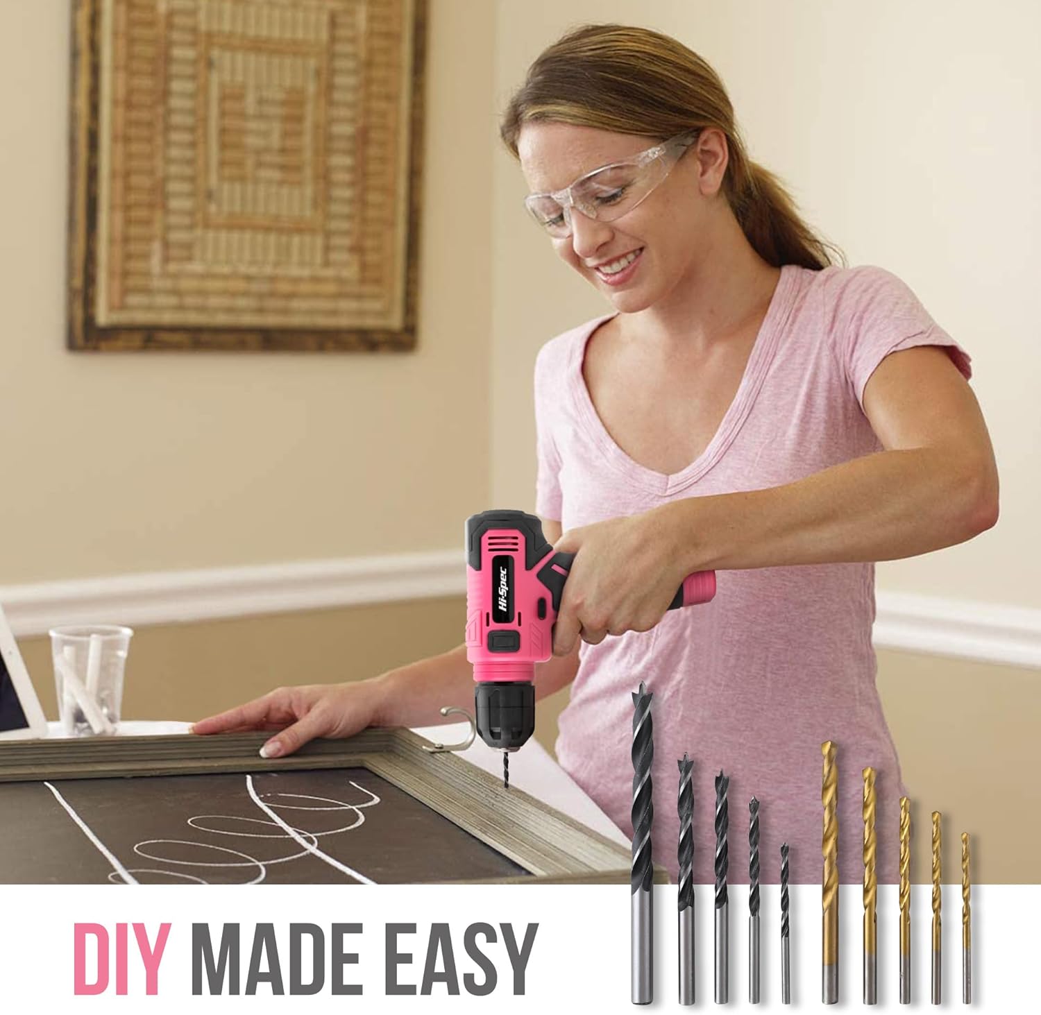 Hi-Spec 110pc Pink 8V USB Electric Power Cordless Womens Drill Driver Set. Drill Bits, Sockets and Screwdriver Bit Set Accessories In a Portable Toolbox Case for Ladies