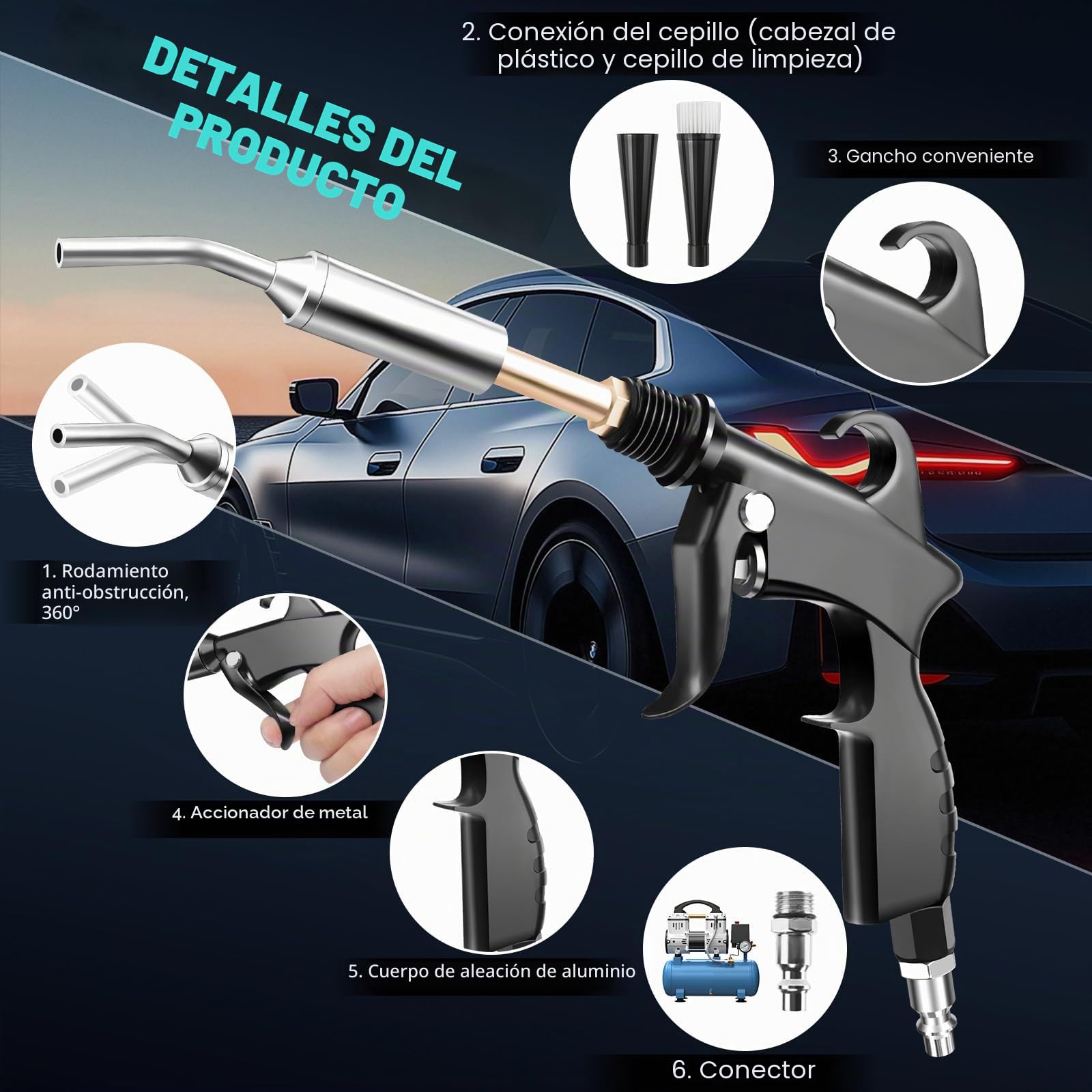 Pistola de limpieza en seco, pistola de limpieza interior de coche de alta presión, herramienta de limpieza de coche con 2 boquillas para soplar rápidamente la suciedad y el polvo