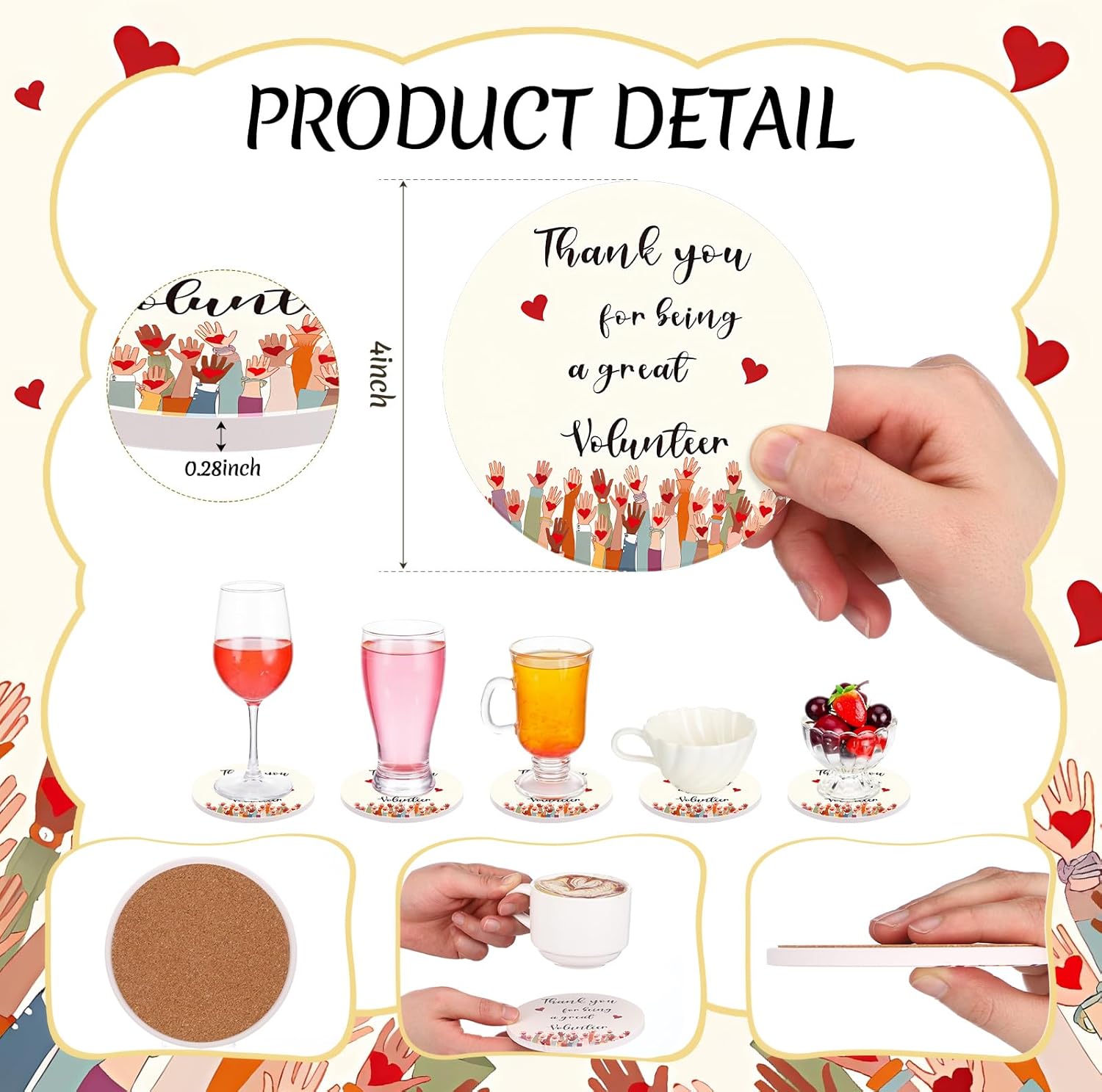 24 Set Volunteer Thank You Appreciation Coasters Volunteer Appreciation Gifts Ceramic Absorbent Drinks Coasters with Cork Mat Gifts for Charity Ministry Social Worker Church Coworker
