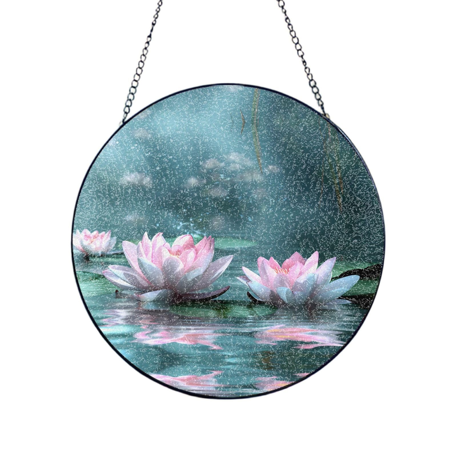Phayah Two Pink Lotus Blossoms Print Stained Glass Window Hanging Sun Catchers Decoration Mother'S Day Birthday Gifts For Home Garden Porch 8in（20cm）