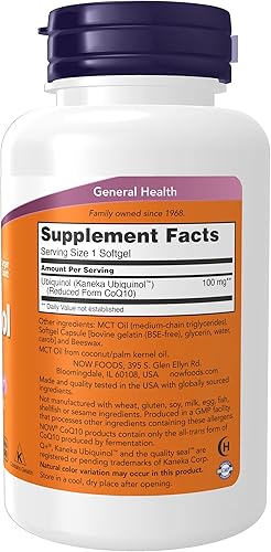 Miniatura 3 de NOW Suplementos, Ubiquinol 100 mg, alta biodisponibilidad (la forma activa de CoQ10), 120 cápsulas blandas y suplementos, L-carnitina 1,000 mg,